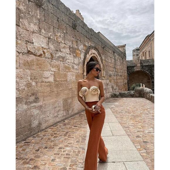 Zara Full Length Linen Blend Pants Brown - Picture 2 of 11